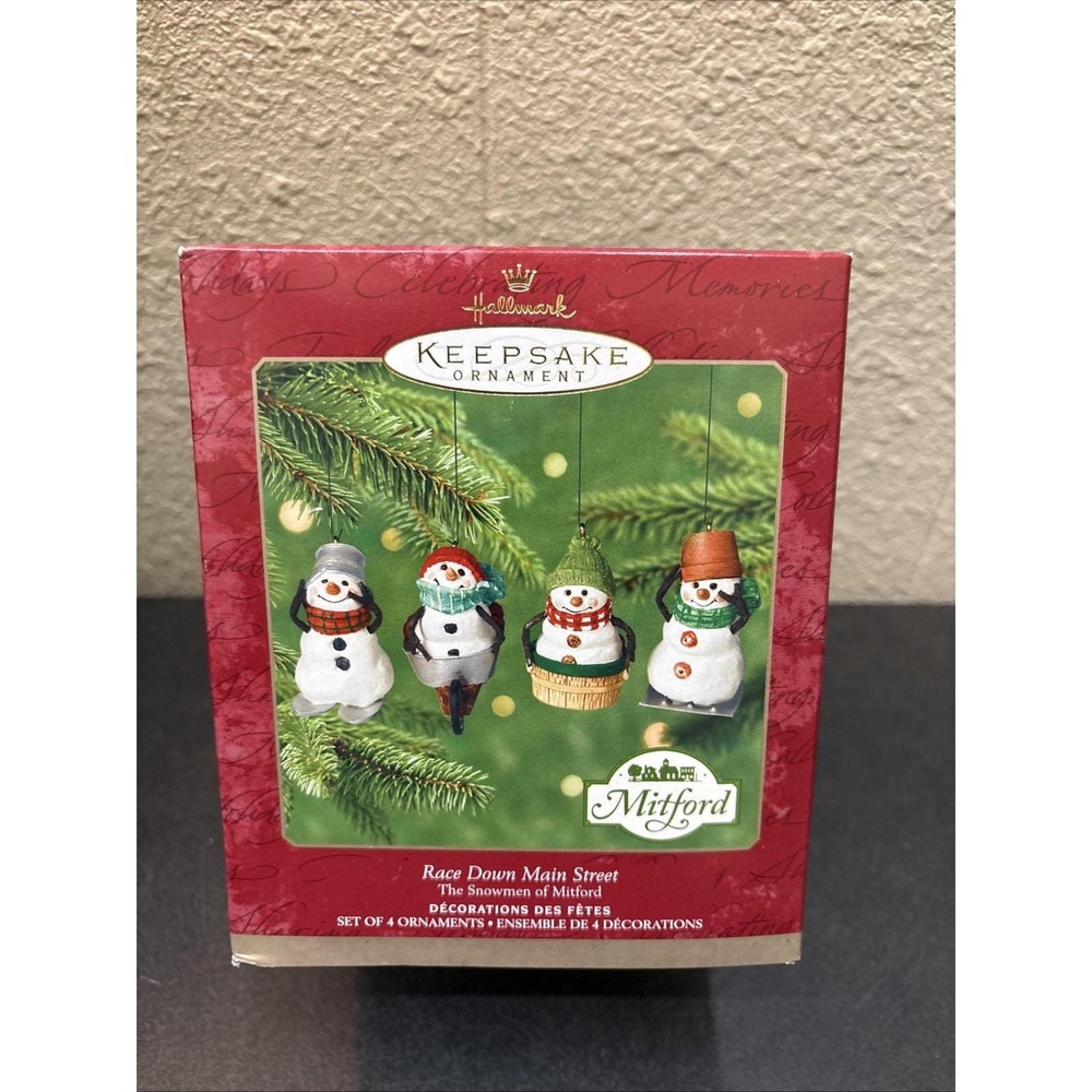 Vtg~ Hallmark 2000 Ornaments Race Down Main Street‎ Mitford Snowmen Set/4 NIB